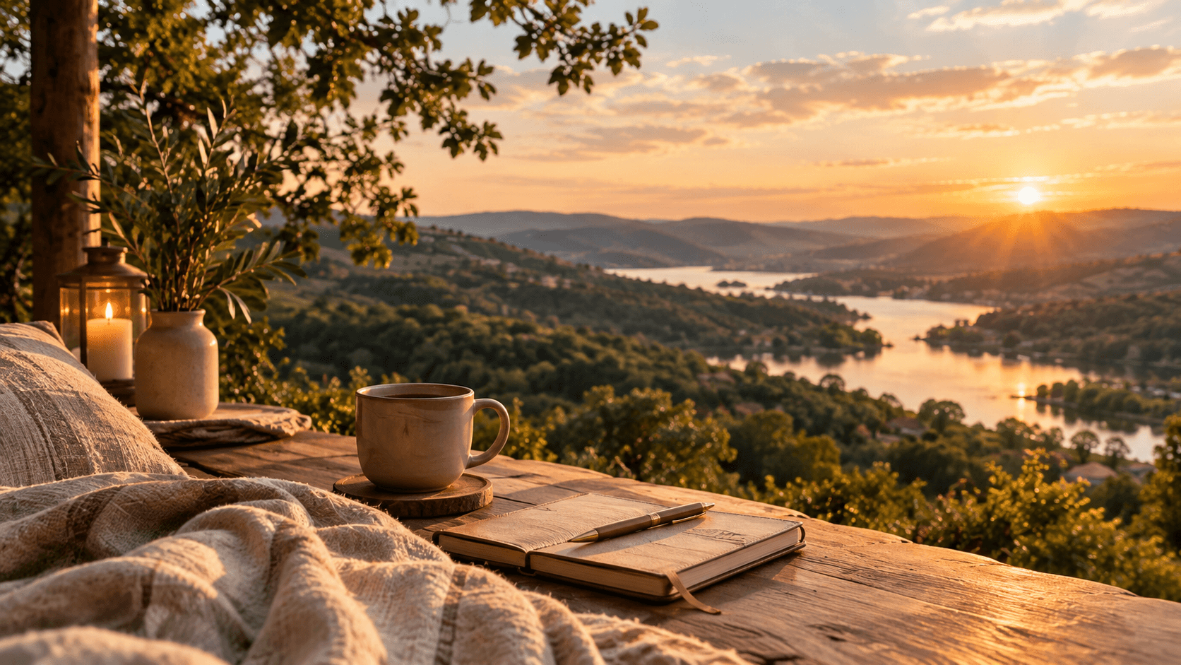 A journal and coffee on a table overlooking the hills at sunset